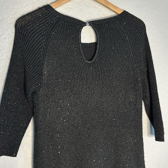 Neiman Marcus 100% Cashmere Black Sparkle Sweater Silk Liner Peekaboo 3/4 Sleeve - Picture 10 of 10